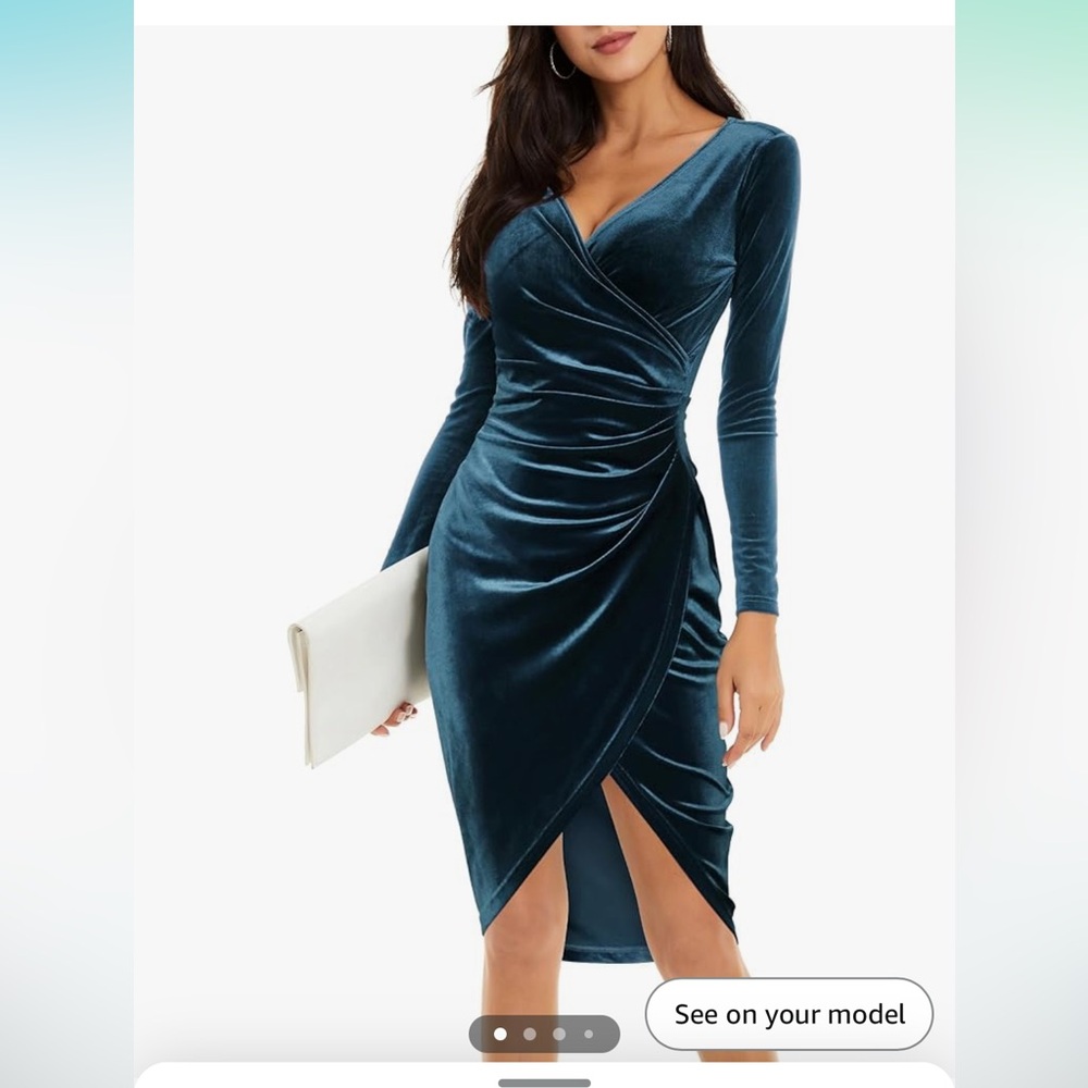 Amazon Brand HUHOT velvet wrap dress, size XL long sleeve, bodycon, midi, v neck